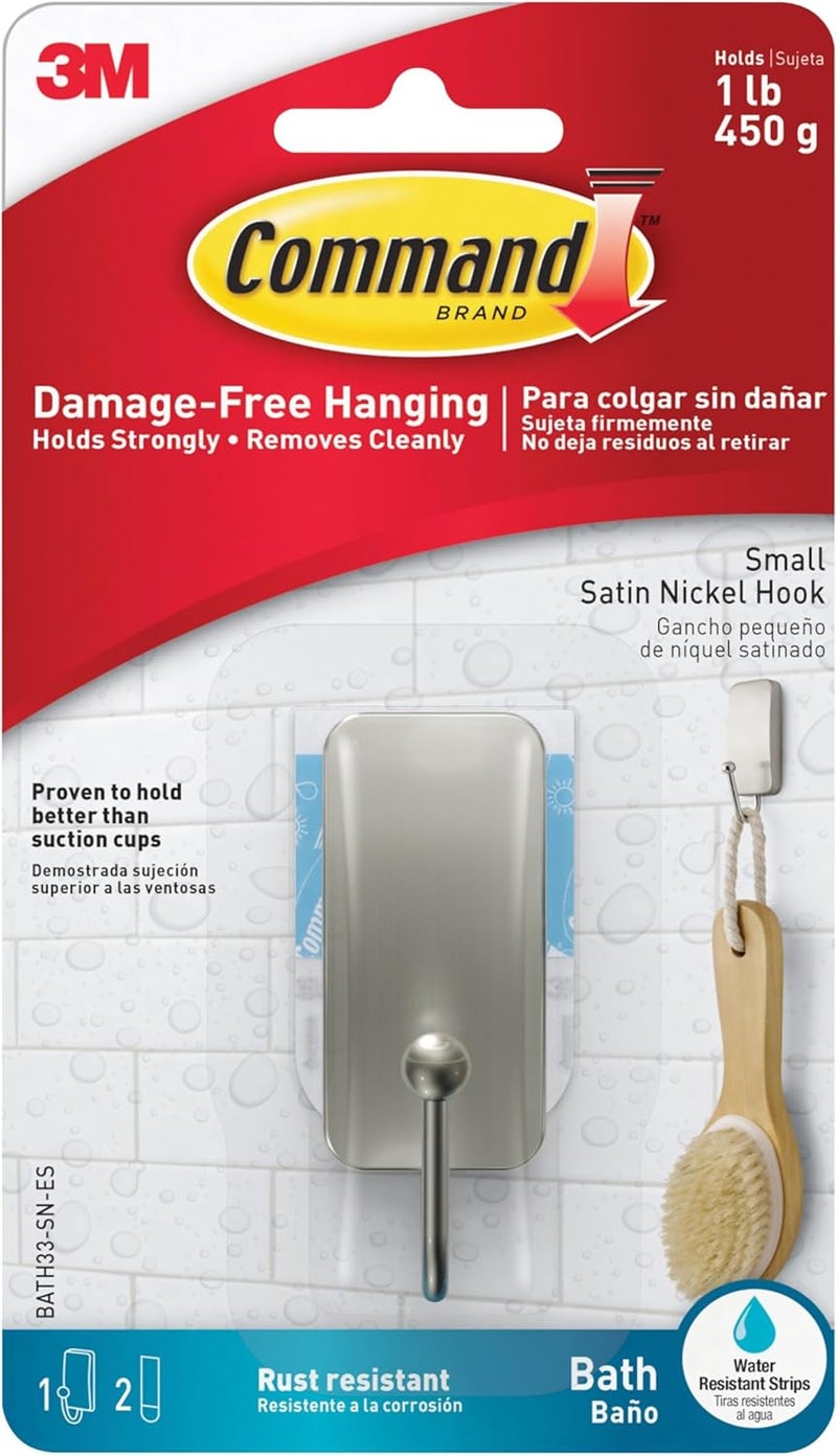 Command Small Bath Hook, Holds up to 1 lb, 1 Satin Nickel Shower Hook with 2 Water Resistant Strips, Damage-Free Bathroom Organization - Image 1